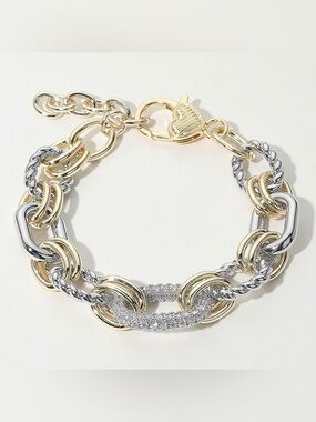 14K Gold Plated Two Tone CZ Stone Paved Oval Link Accent Mixed Chain Bracelet